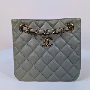 Chanel Rare Light Grey Quilted Caviar Leather Small Bucket Drawstring Bag